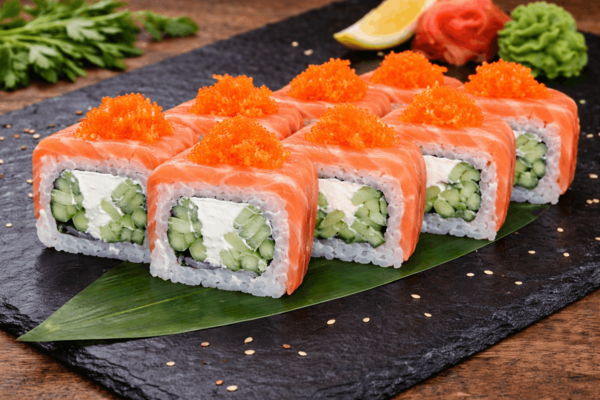 Суші рол Філадельфія з Лососем Слабосоленим,Ікрою та Огірком(350г.)